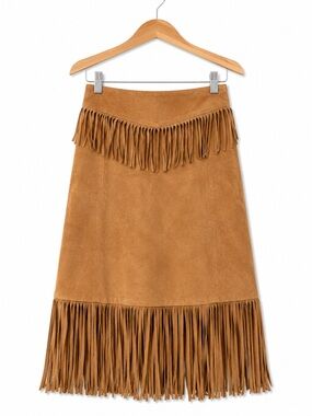 Vintage Erez Levy Tan Suede Leather Fringe Midi Skirt